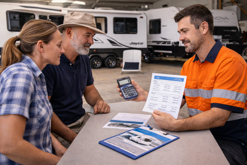 Couple discussing caravan finance options in WA