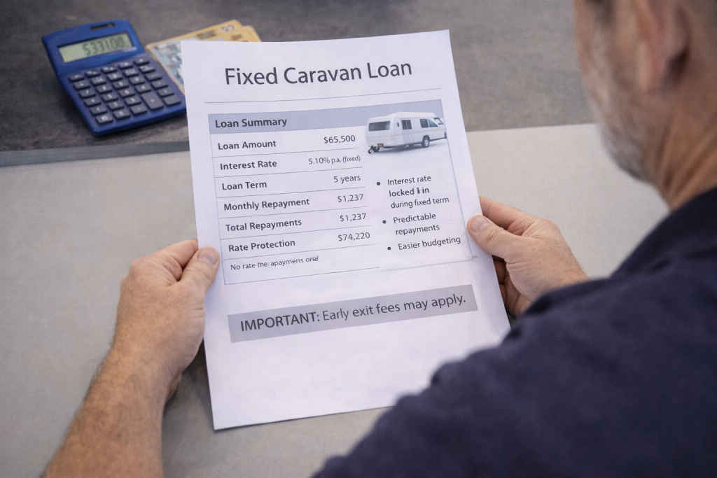 Buyer reviewing fixed caravan loan details