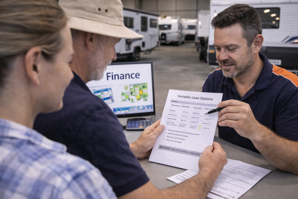 Couple discussing variable loan options for a caravan