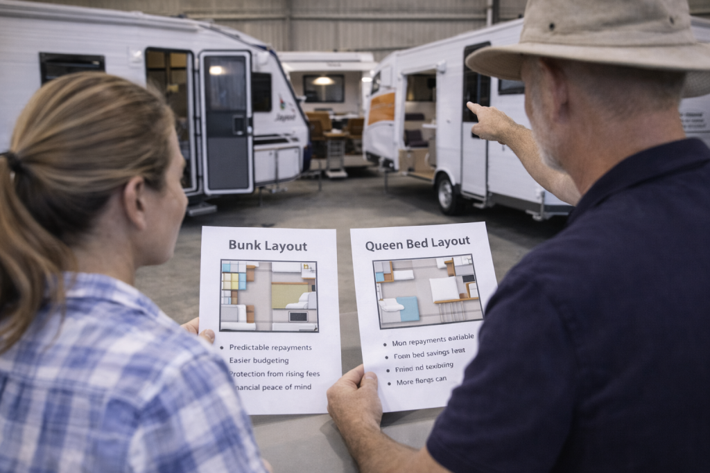 Buyer comparing caravan layouts at a dealership