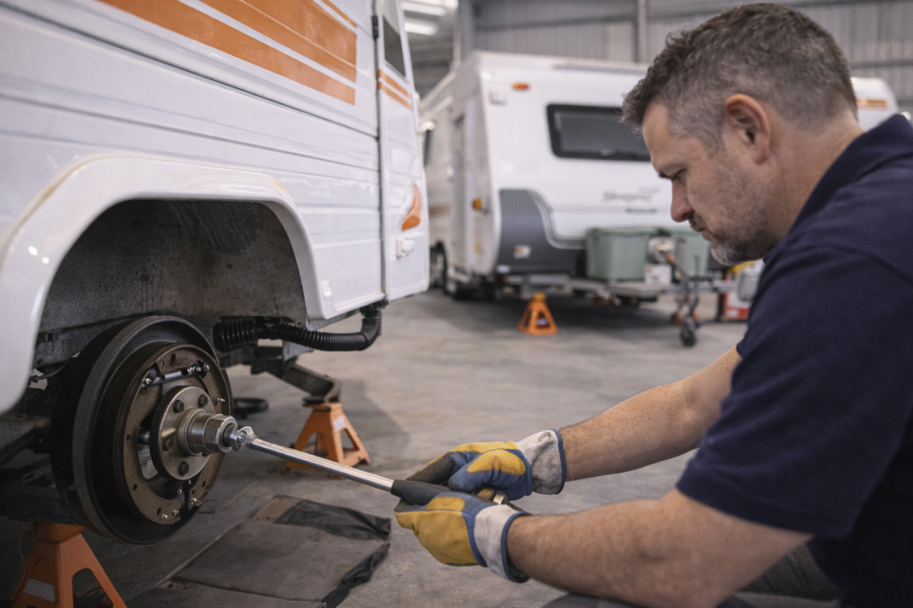 Caravan undergoing routine maintenance service