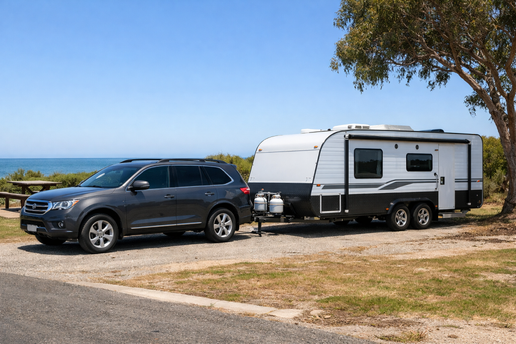 Large wagon towing a caravan on a highway