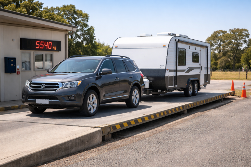 Vehicle and caravan being weighed at a public weighbridge