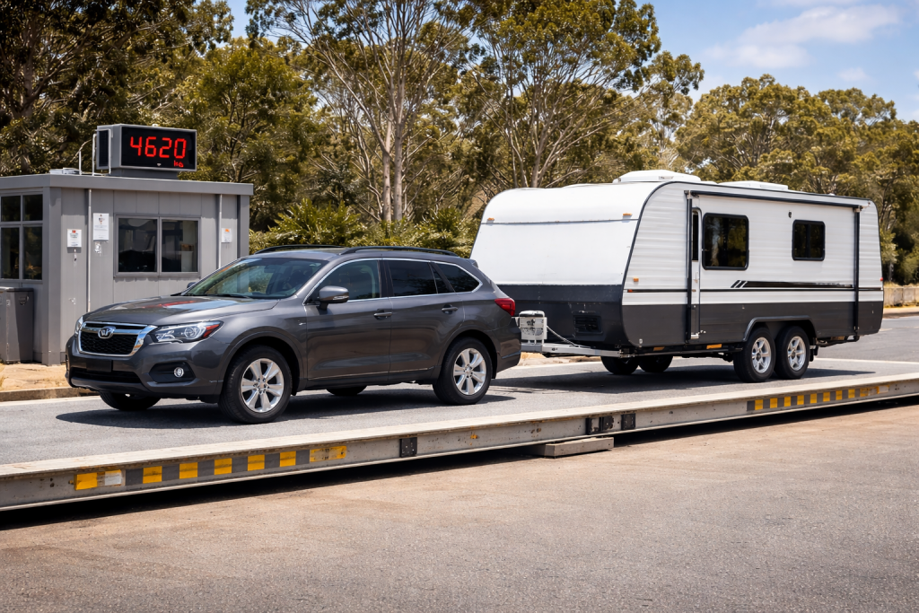 Tow vehicle and caravan parked side-on at a public weighbridge 