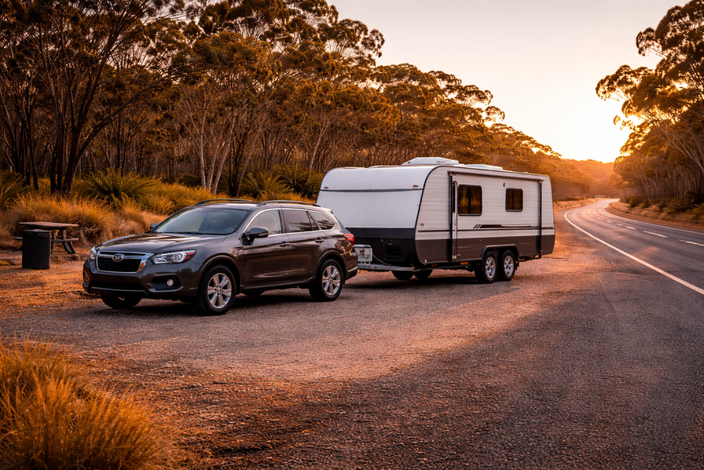 Tow vehicle and caravan travelling WA regional highway conditions