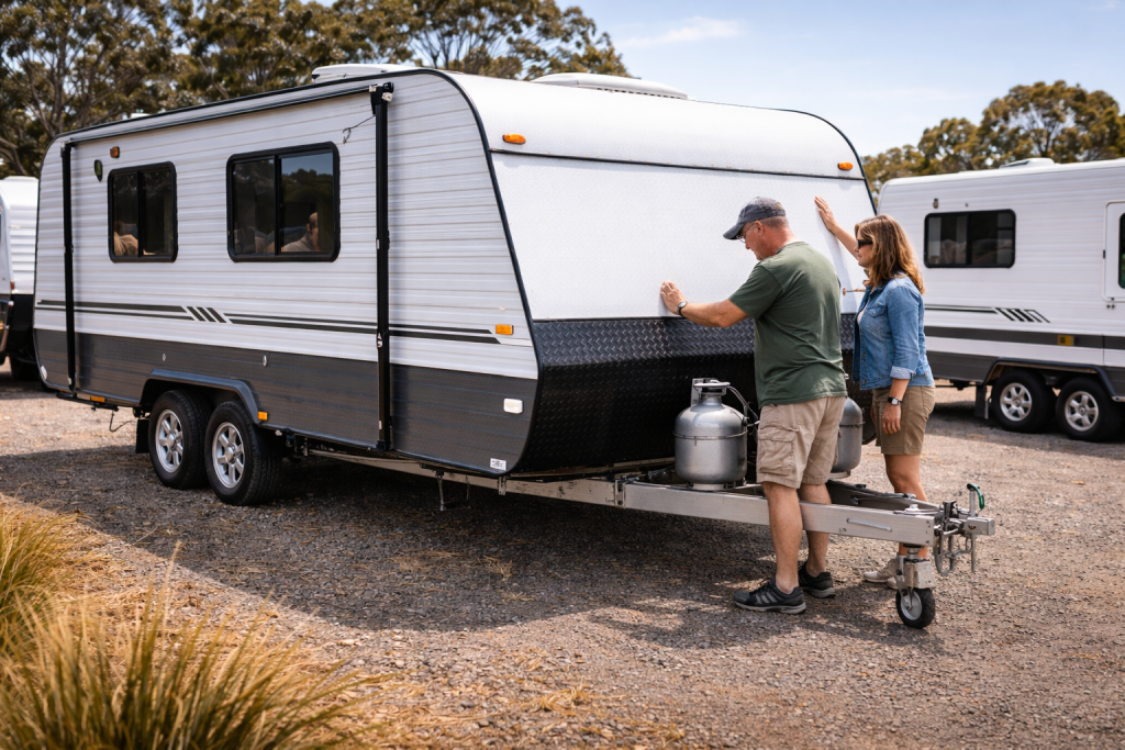 Used caravan parked for inspection before purchase