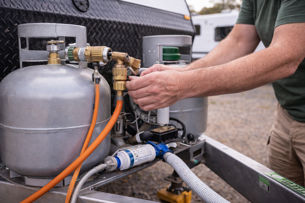 Inspecting caravan gas and plumbing connections