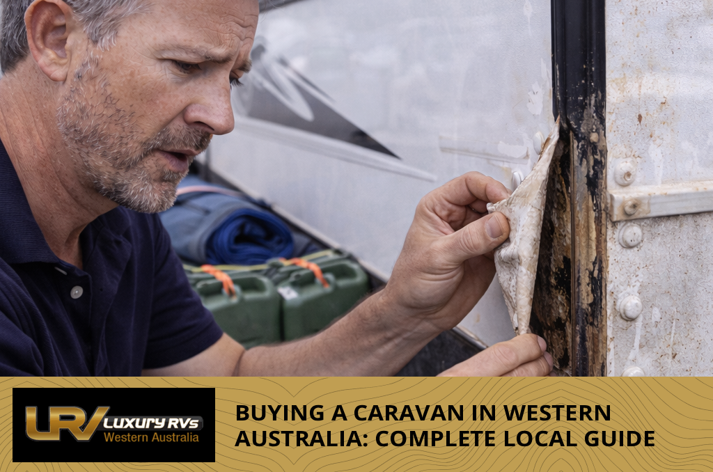 Wide shot of several caravans parked outdoors at a scenic WA location, showing different caravan models available for buyers