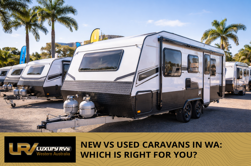 New and used caravans displayed side by side at a caravan expo, illustrating the choice between new and pre-owned models.”