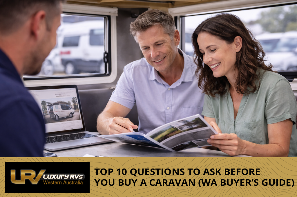 Wide shot of a caravan parked outdoors at a scenic location, representing caravan ownership and travel before purchase.