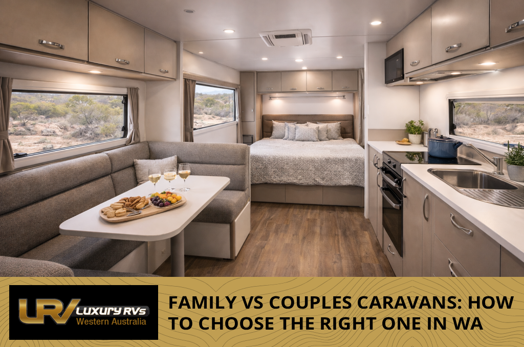 Spacious family caravan with multiple bunks and awning set up at a campsite in Western Australia, designed for family travel and comfort.