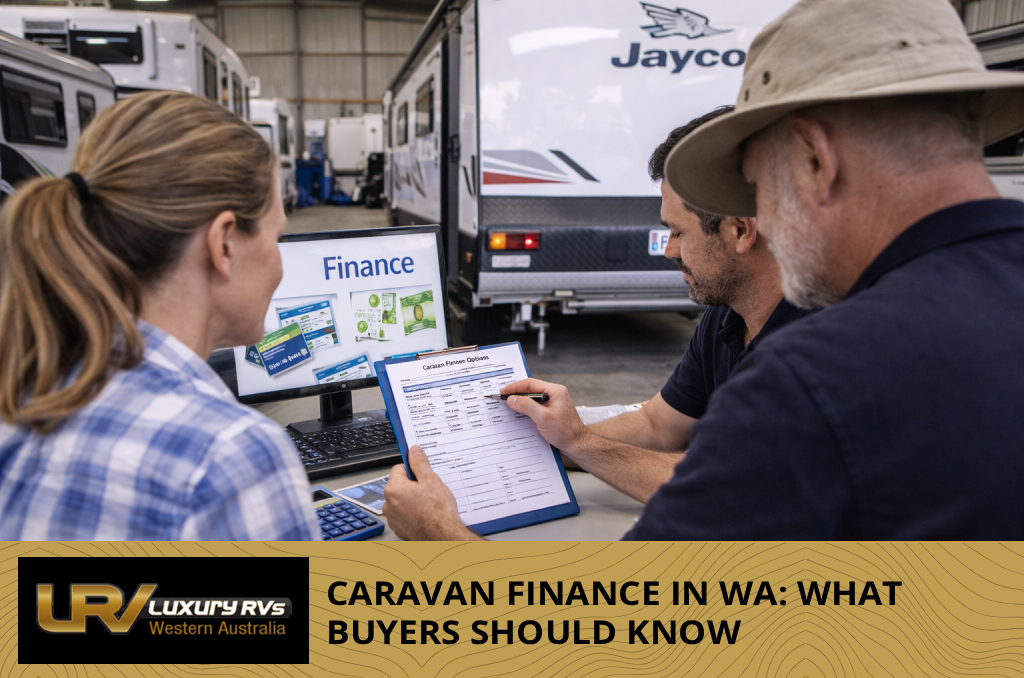 Here are suggested alt text descriptions for the images on the “Caravan Finance in WA: What Buyers Should Know” blog post from LuxuryRVsWA.com.au — ideal for accessibility and describing the visuals succinctly: Header / Hero Image: Alt: “Caravans displayed at an outdoor event or expo, representing caravan financing options available in Western Australia.” Image showing a buyer reviewing caravan finance: Alt: “Couple seated at a dealership desk reviewing caravan finance options and documents.