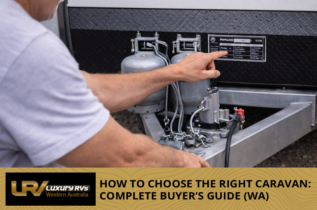 Wide shot of caravans at a dealership or scenic outdoor location, illustrating caravan options available in Western Australia.