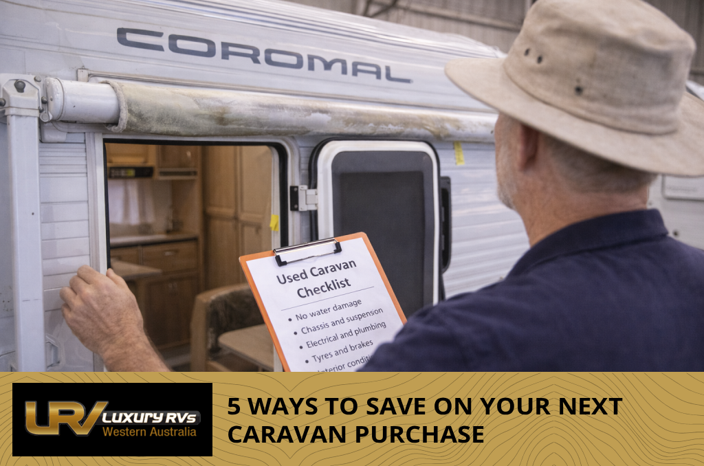 Caravans lined up at a dealership with banners, introducing tips to save on your caravan purchase.