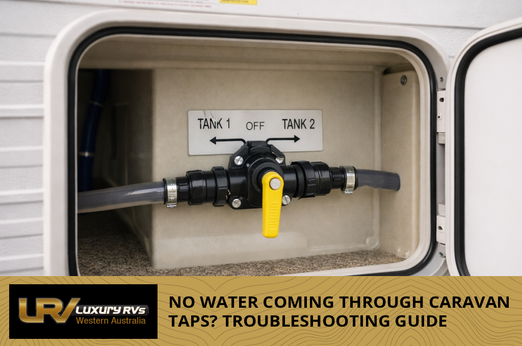 Caravan parked with clear sky, illustrating the context of caravan water system troubleshooting