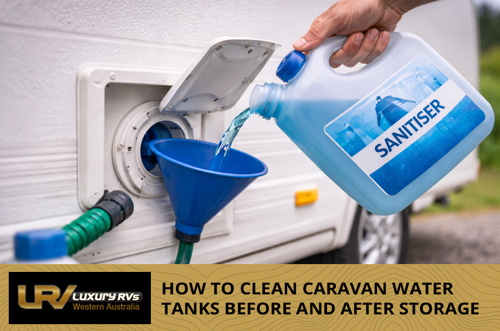 A caravan fresh water tank being drained completely through its drain outlet before cleaning.