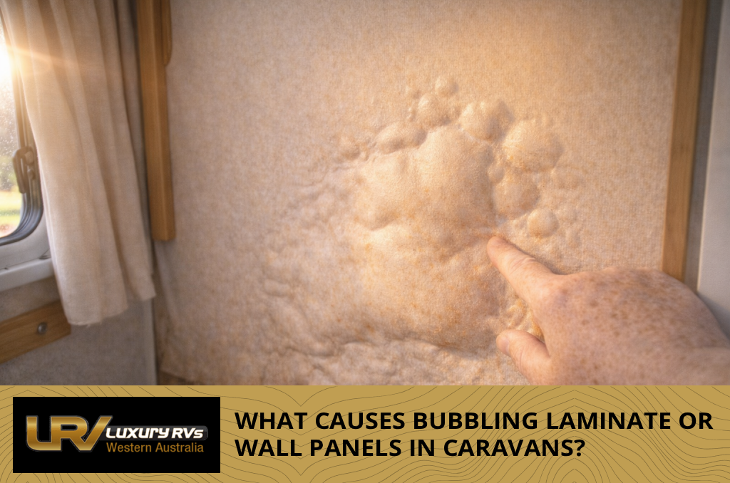Caravan interior wall with laminate panel showing bubbling and distortion due to moisture or adhesive failure.