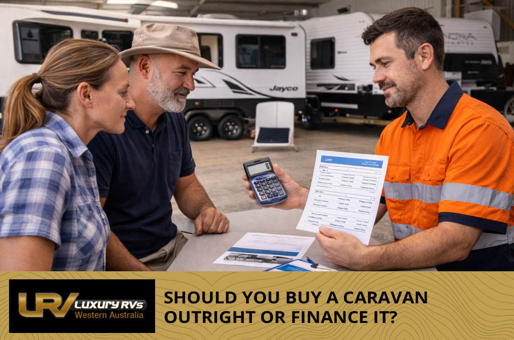 Scenic caravan expo display with caravans and banners, introducing caravan purchase options.