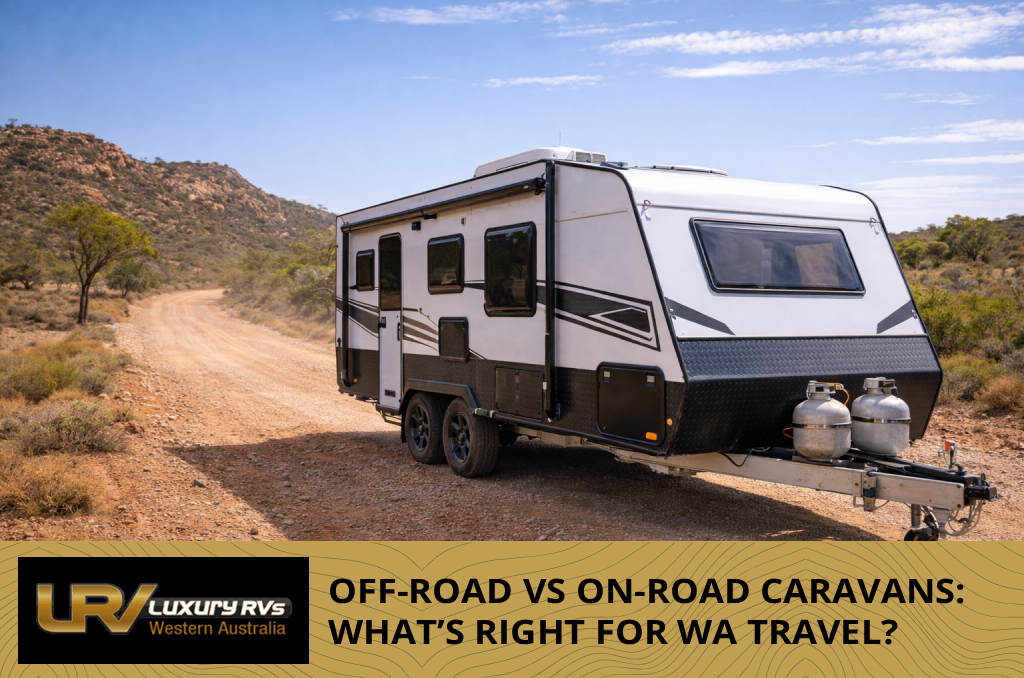 Comparison graphic showing off-road and on-road caravans for Western Australia travellers deciding which setup is right.